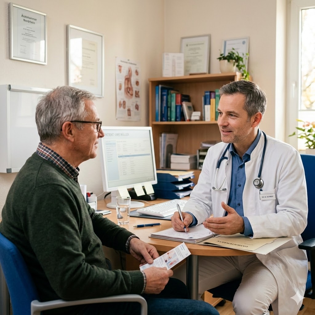 Dr. med. Max Mustermann im Gespräch mit einem Patienten